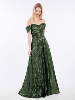 Long Sequins Dress with Off the Shoulder Olive Green