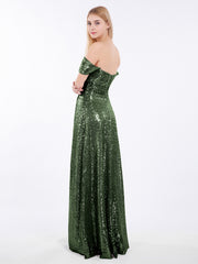 Long Sequins Dress with Off the Shoulder Olive Green Plus Size