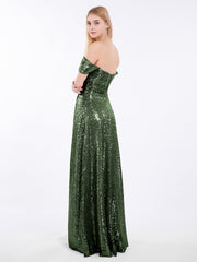 Long Sequins Dress with Off the Shoulder Olive Green