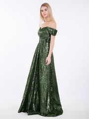 Long Sequins Dress with Off the Shoulder Olive Green