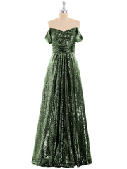 Long Sequins Dress with Off the Shoulder Olive Green