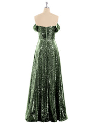 Long Sequins Dress with Off the Shoulder Olive Green Plus Size