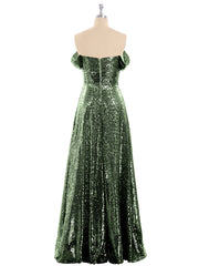 Long Sequins Dress with Off the Shoulder Olive Green