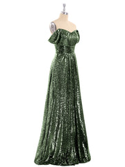 Long Sequins Dress with Off the Shoulder Olive Green