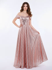 Long Sequins Dress with Off the Shoulder Rose Gold