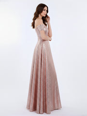 Long Sequins Dress with Off the Shoulder Rose Gold