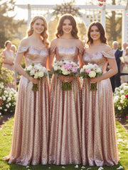 Long Sequins Dress with Off the Shoulder Rose Gold