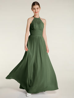 Halter Chiffon And Lace Long Dresses Olive Green