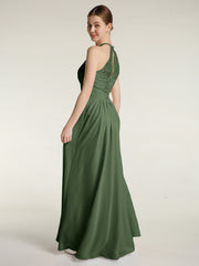 Halter Chiffon And Lace Long Dresses Olive Green Plus Size