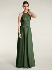 Halter Chiffon And Lace Long Dresses Olive Green
