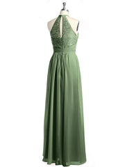 Halter Chiffon And Lace Long Dresses Olive Green Plus Size