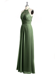 Halter Chiffon And Lace Long Dresses Olive Green