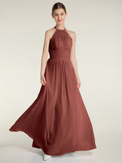 Halter Chiffon And Lace Long Dresses Terracotta