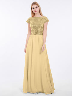 Sequins Long Dress with Cap Sleeves Gold