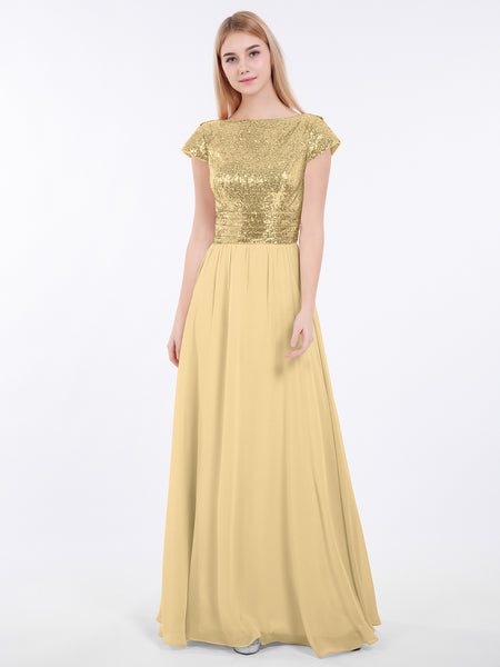BABARONI Sequin Gold Bridesmaid Dresses Bateau Floor-length Short Pleated  A-line