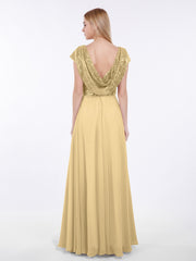 Sequins Long Dress with Cap Sleeves Gold Plus Size