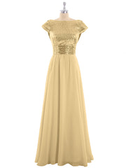 Sequins Long Dress with Cap Sleeves Gold