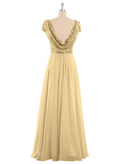 Sequins Long Dress with Cap Sleeves Gold
