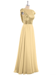 Sequins Long Dress with Cap Sleeves Gold