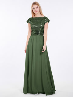 Sequins Long Dress with Cap Sleeves Olive Green
