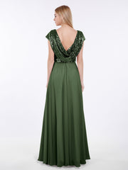 Sequins Long Dress with Cap Sleeves Olive Green