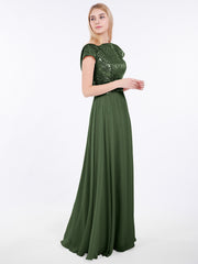 Sequins Long Dress with Cap Sleeves Olive Green Plus Size