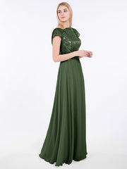 Sequins Long Dress with Cap Sleeves Olive Green
