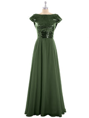 Sequins Long Dress with Cap Sleeves Olive Green