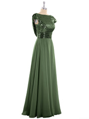 Sequins Long Dress with Cap Sleeves Olive Green
