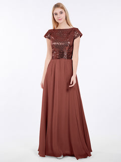 Sequins Long Dress with Cap Sleeves Terracotta