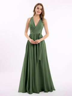 Deep V Neckline Chiffon Dress with Sash Bow Olive Green