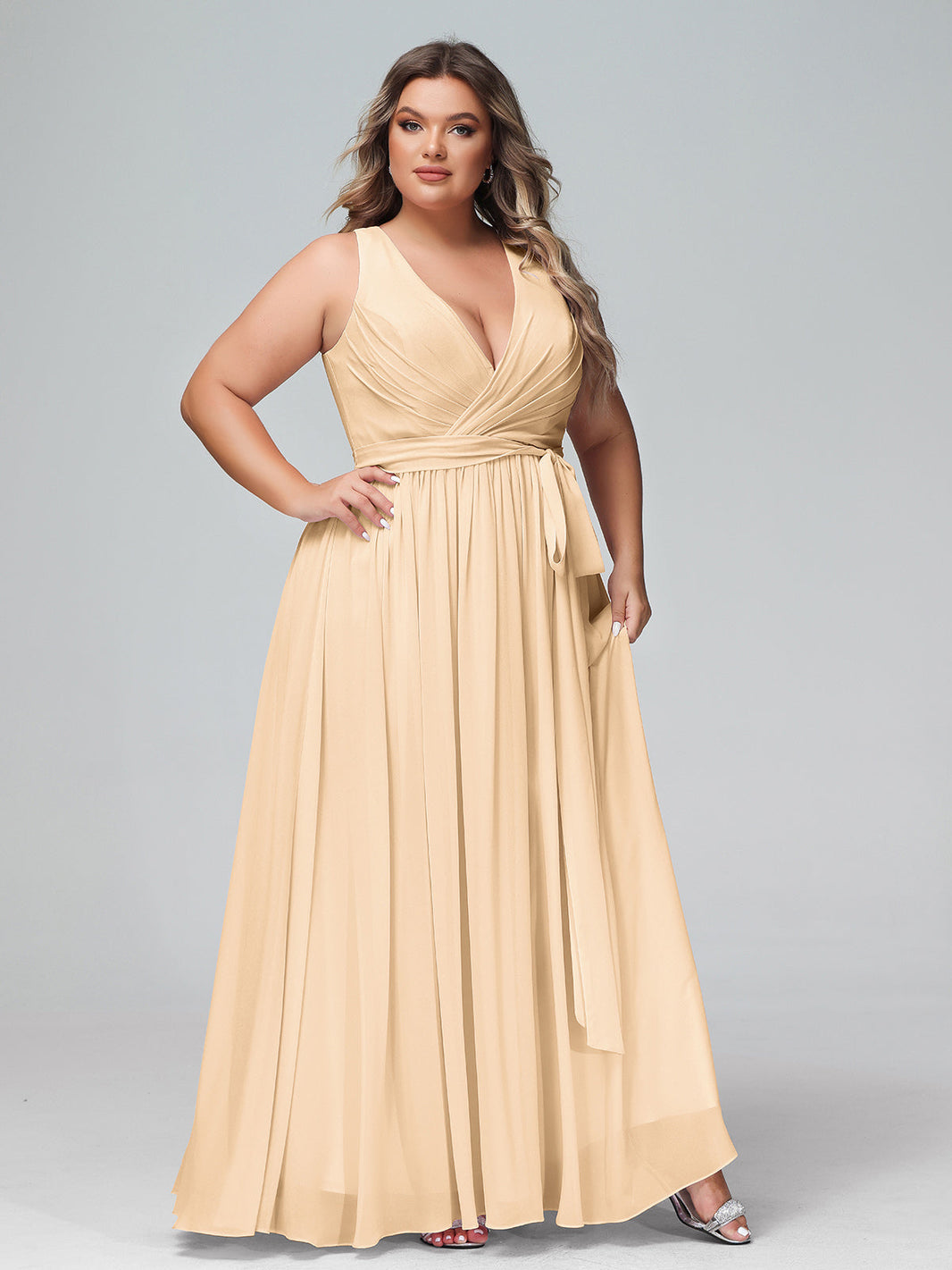 BABARONI Deep V Neckline Chiffon Dress with Sash Bow Peach, Peach / US0