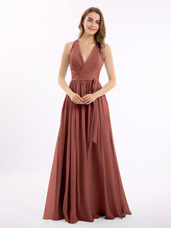 Deep V Neckline Chiffon Dress with Sash Bow Terracotta