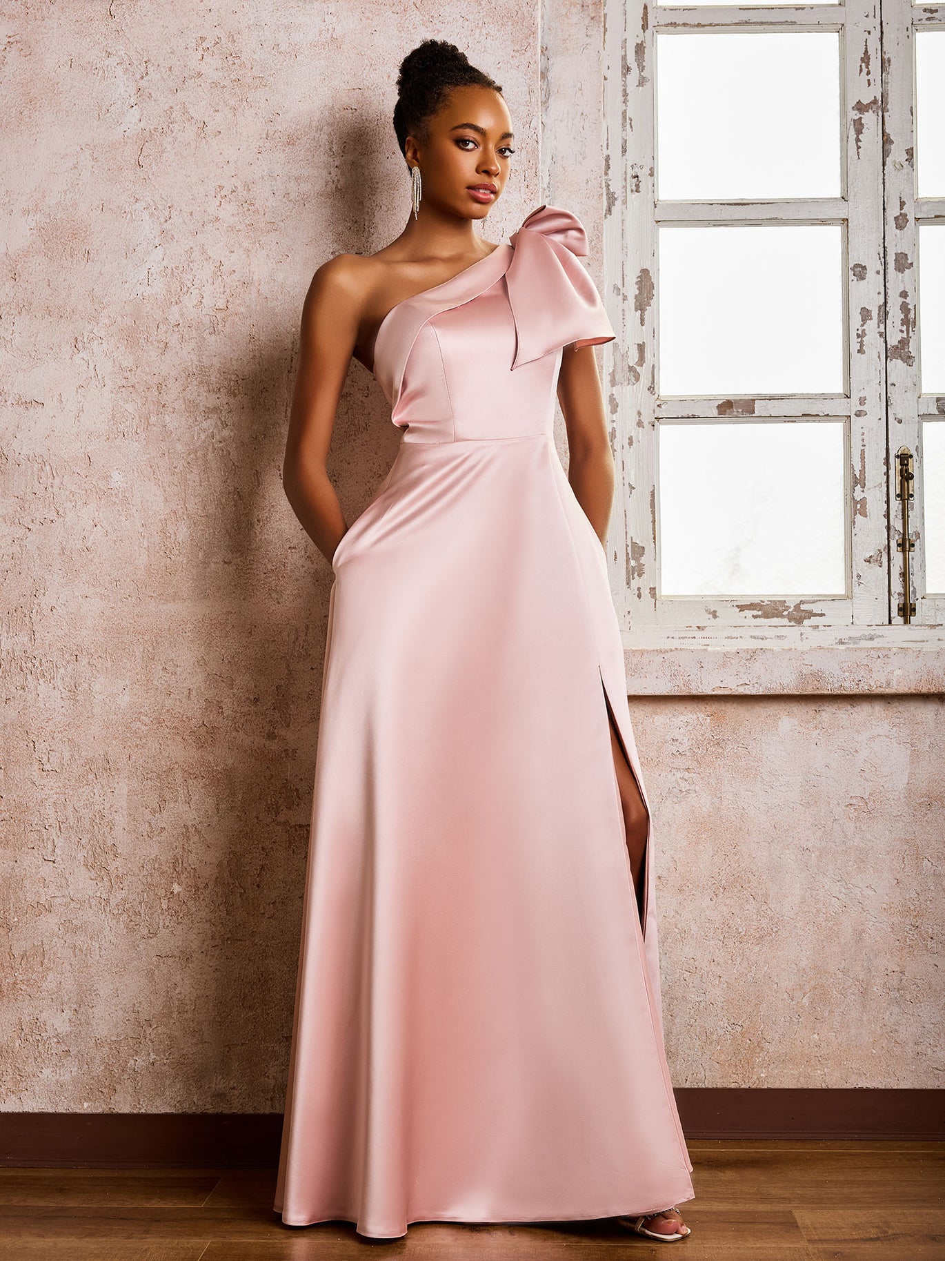 BABARONI Bowed One Shoulder A-Line Dresses with Front Slit Flamingo, Flamingo / US0