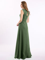 Chiffon and Lace Open Back Full Length Dress Olive Green