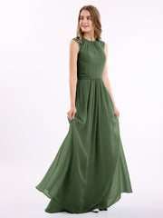 Chiffon and Lace Open Back Full Length Dress Olive Green