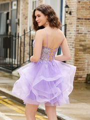 Sequin Corset Top Glitter Tulle Short Dress Lilac