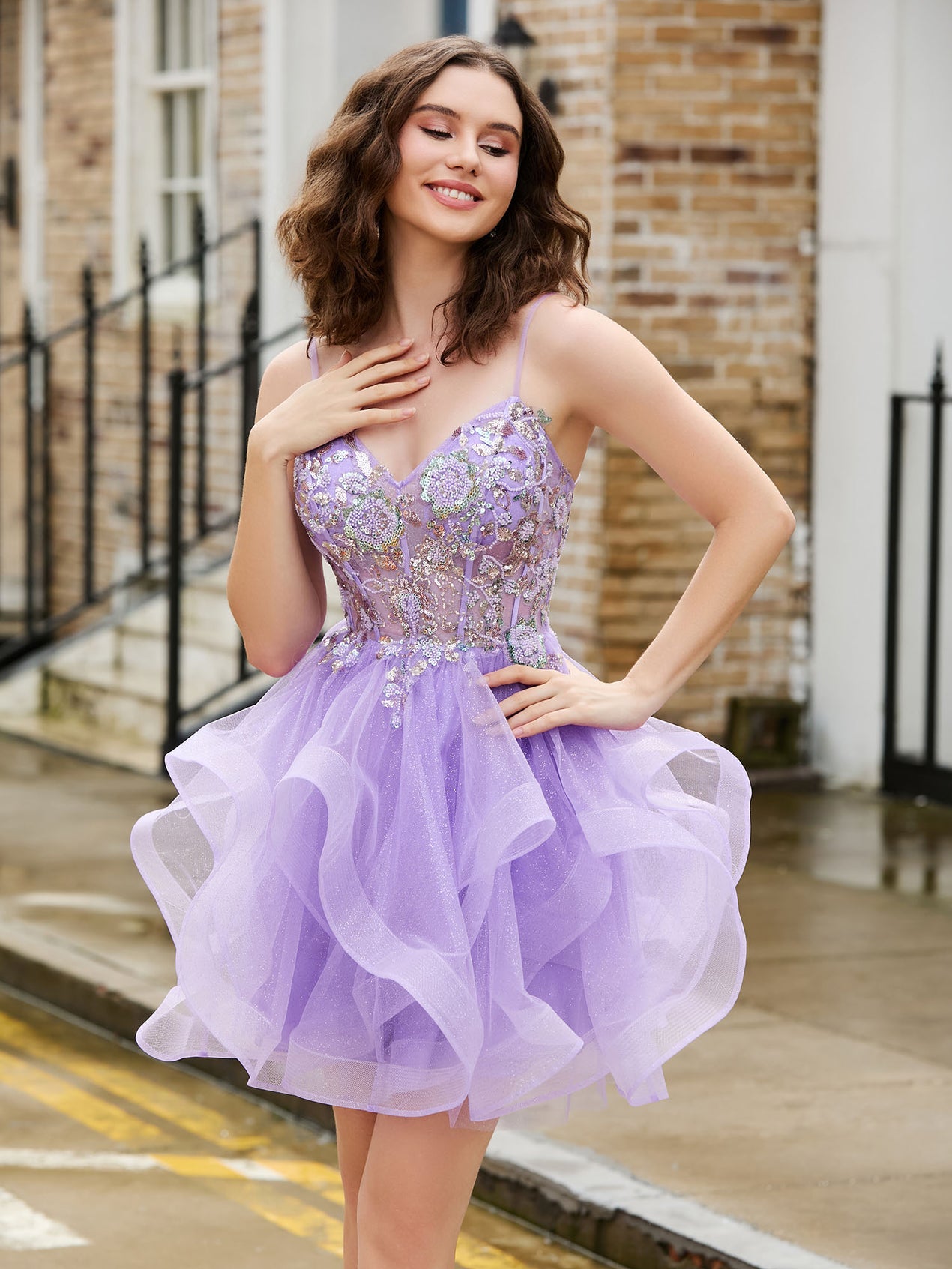 LILAC SEQUIN FLORAL SHORT SLEEVE DRESS main image 1