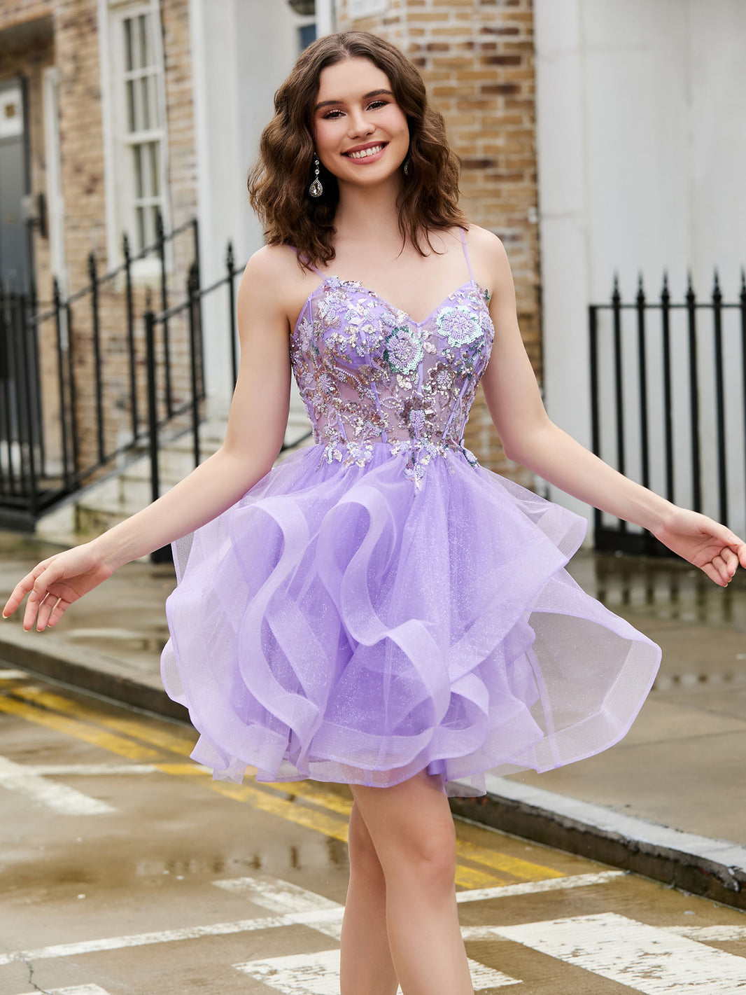 Appliqued Corset Top Halter Tulle Short Dress Watermelon main image 1
