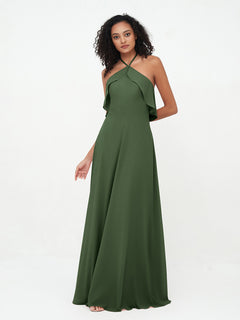 Halter Strap Chiffon Long Bridesmaid Dresses Olive Green