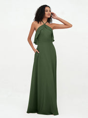 Halter Strap Chiffon Long Bridesmaid Dresses Olive Green Plus Size