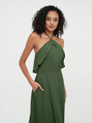 Halter Strap Chiffon Long Bridesmaid Dresses Olive Green Plus Size