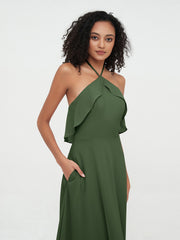 Halter Strap Chiffon Long Bridesmaid Dresses Olive Green