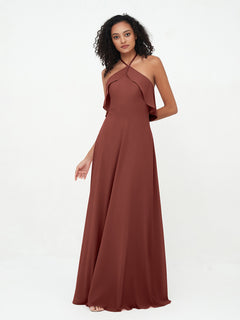 Halter Strap Chiffon Long Bridesmaid Dresses Terracotta Plus Size