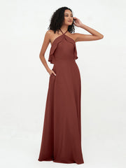 Halter Strap Chiffon Long Bridesmaid Dresses Terracotta Plus Size