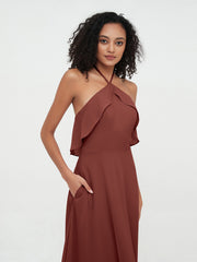 Halter Strap Chiffon Long Bridesmaid Dresses Terracotta Plus Size