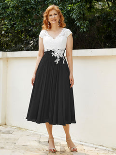 V Neck Chiffon Dress with Ivory Appliqued Bodice Black