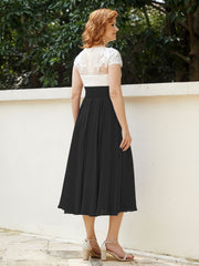 V Neck Chiffon Dress with Ivory Appliqued Bodice Black