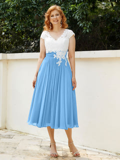 V Neck Chiffon Dress with Ivory Appliqued Bodice Blue