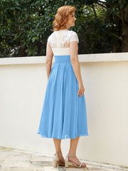 V Neck Chiffon Dress with Ivory Appliqued Bodice Blue